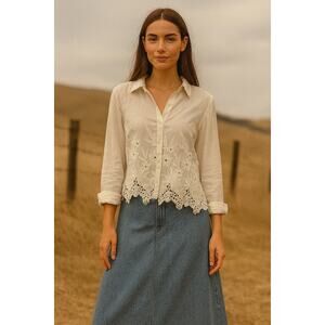 Calypso St. Barth White Lace Embroidered Button Down Medium Cottagecore Top